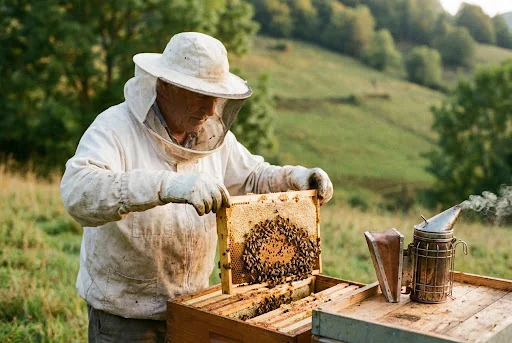 Apiculteur travaillant sur une ruche dans un pré fleuri d'Auvergne
